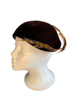 Hudsons Ladies Brown Velvet Feather Hat Vintage Size 22 Chic French Style